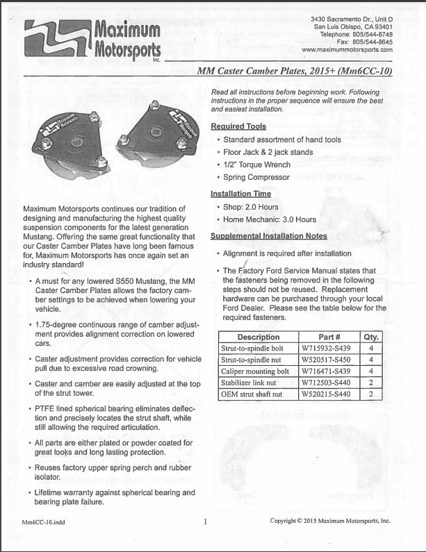 Caster/Camber Plate Instructions